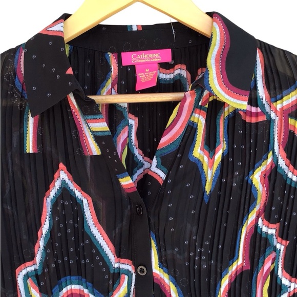 Catherine Malandrino Retro Black Crinkle Button-Down Long Sleeve Blouse … - Picture 10 of 14